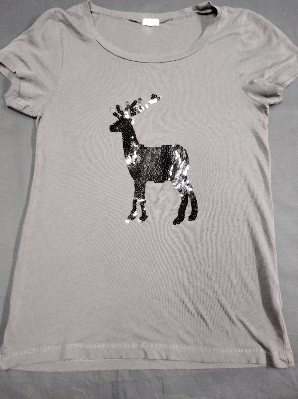 J. Crew Gray Short-Sleeve Tee with Black and Silver Sequin Deer